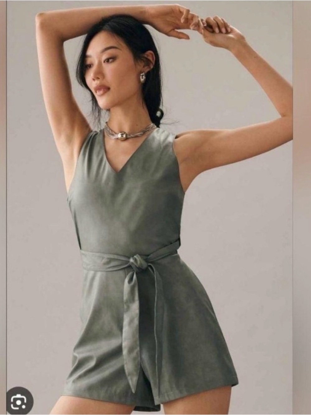Avec Les Filles Sleeveless V-Neck Olive Green Belted Romper